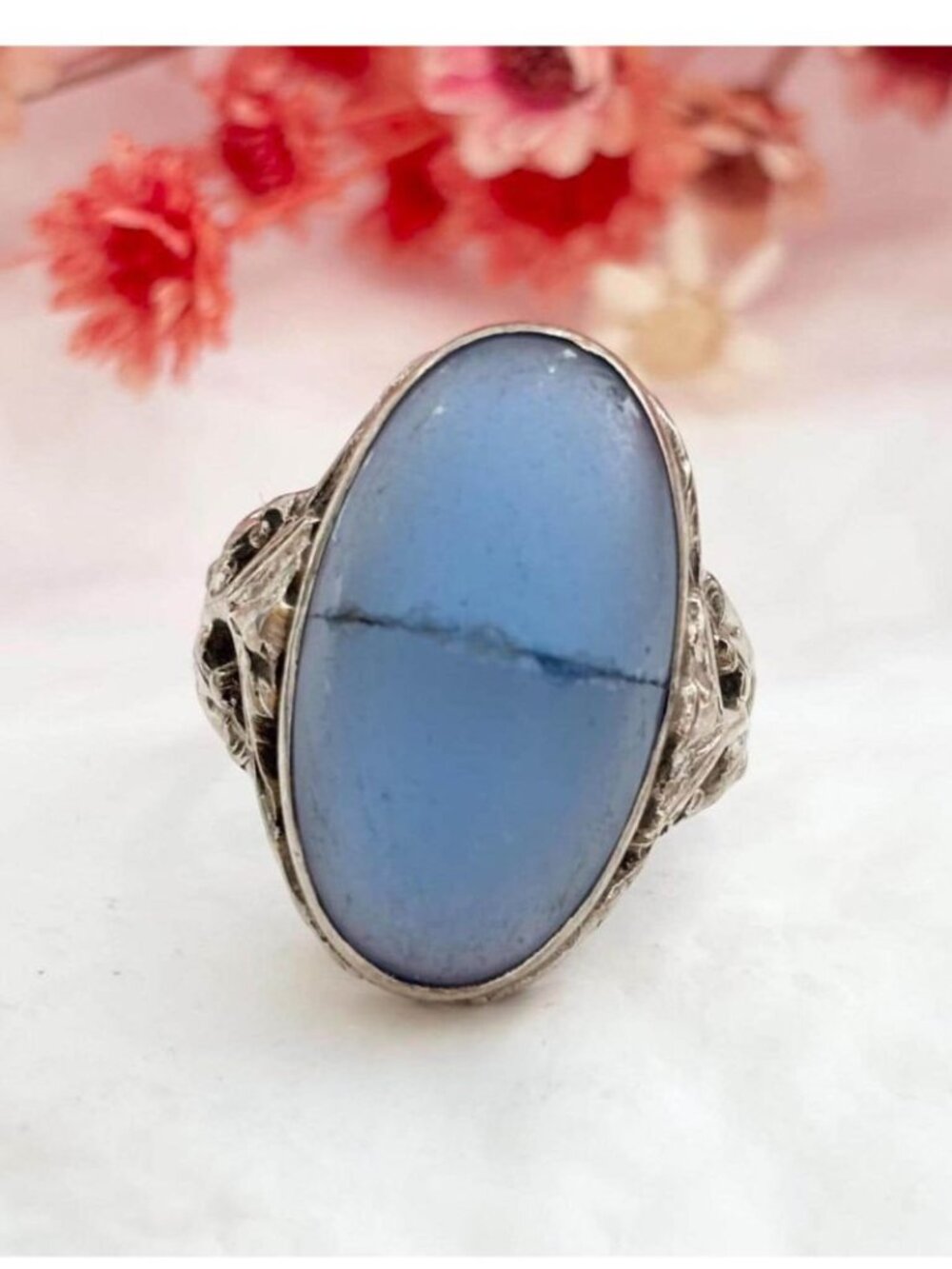 Blue Glass Cabochon Oval Bezel Set Sterling Silver 925 Vintage Ring - sz 6.25